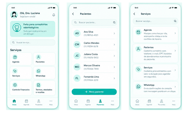 Telas iniciais do Simple Smile: home, pacientes e serviços